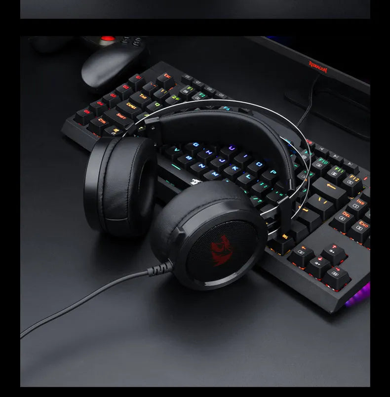 Black wired computer gaming headset with 3.5mm plug and 2 metre cable