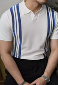 Knitted short-sleeve polo shirt in ice silk cotton fabric on a hanger, showing polo collar detail.