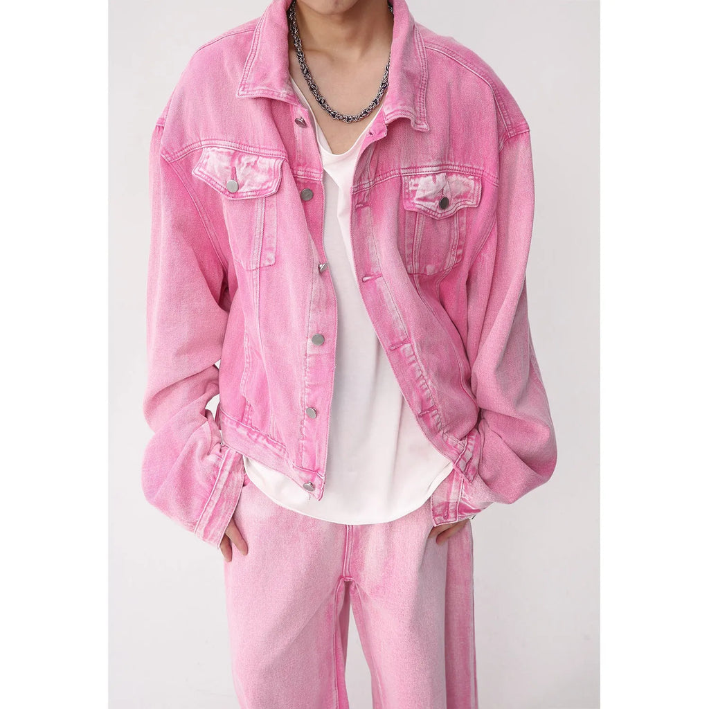 Denim jacket straight jeans set for men cotton spring pink colour