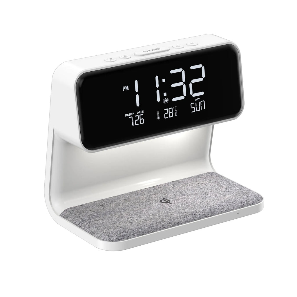White 3-in-1 bedside lamp with wireless charging pad, LCD display, and ABS lampshade