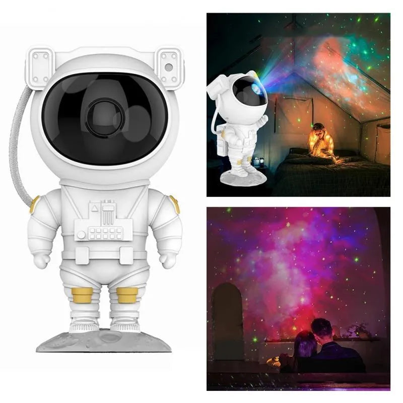 Creative astronaut galaxy starry sky projector nightlight on a table with nebula and star effects displayed against a dark background