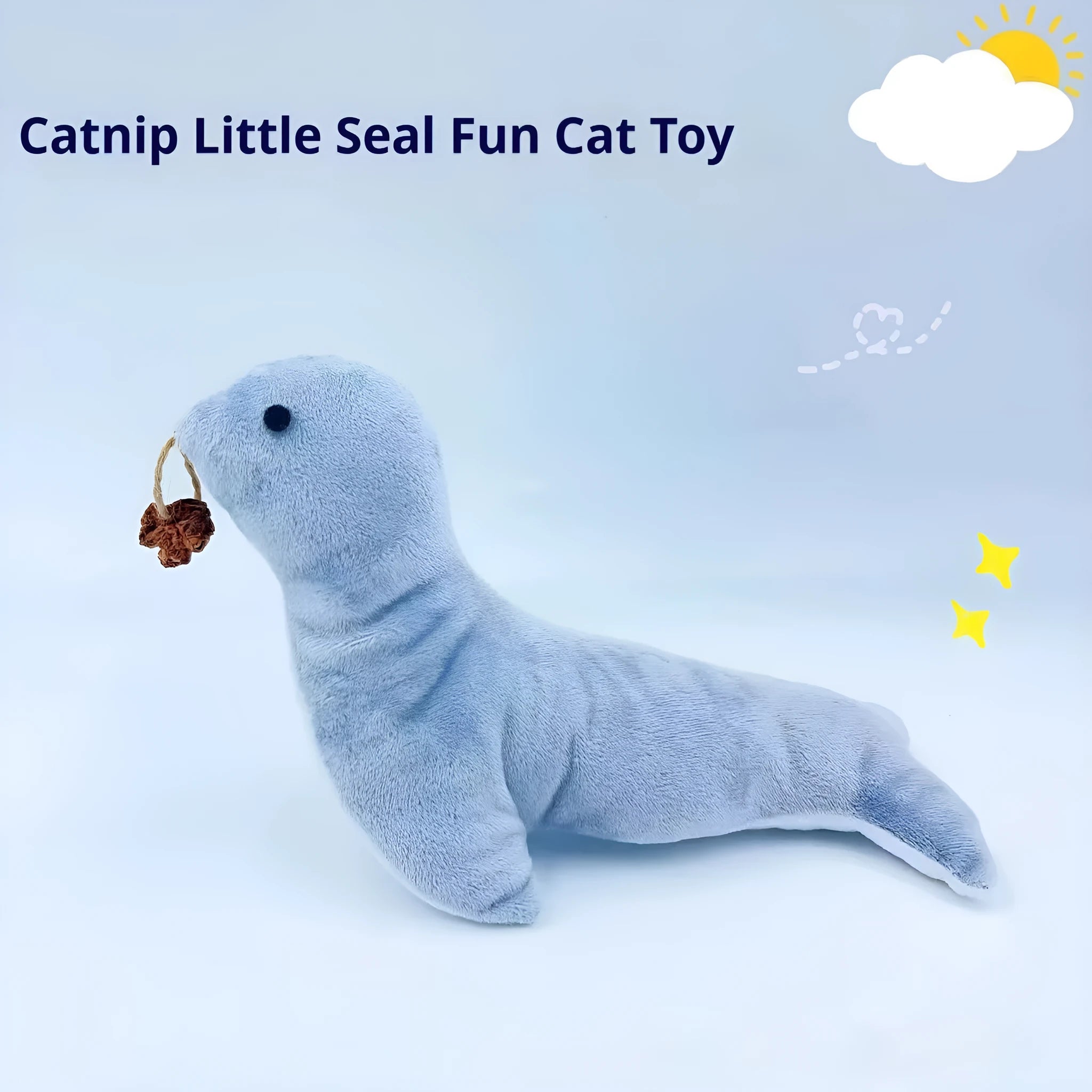 Blue sea lion plush cat toy with bell and catnip for teeth grinding and interactive play
