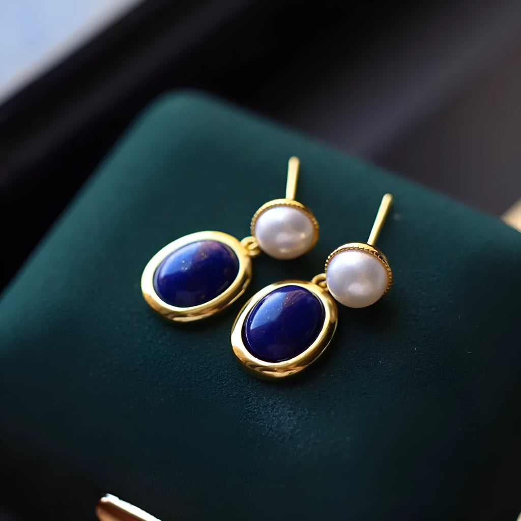 Silver lapis lazuli pearl earrings with auspicious patterns on 925 sterling silver