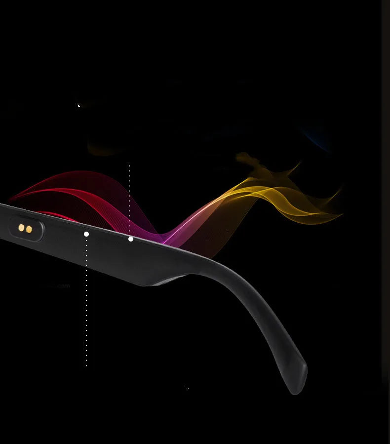 Smart glasses with semi-open Bluetooth audio speakers on temples and dark UV400 protective lenses.