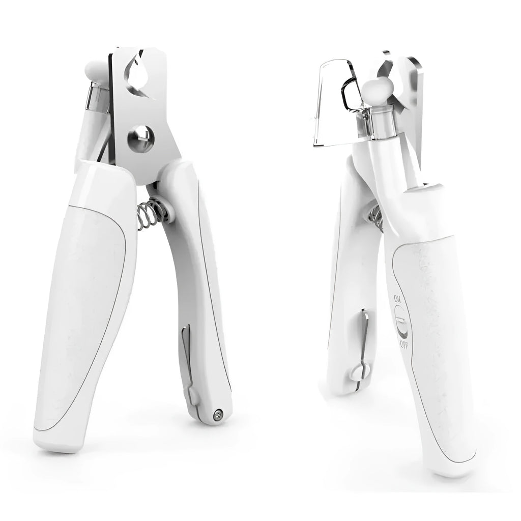 Rechargeable LED pet nail clippers with precision blades for dogs and cats, shown in blue or white