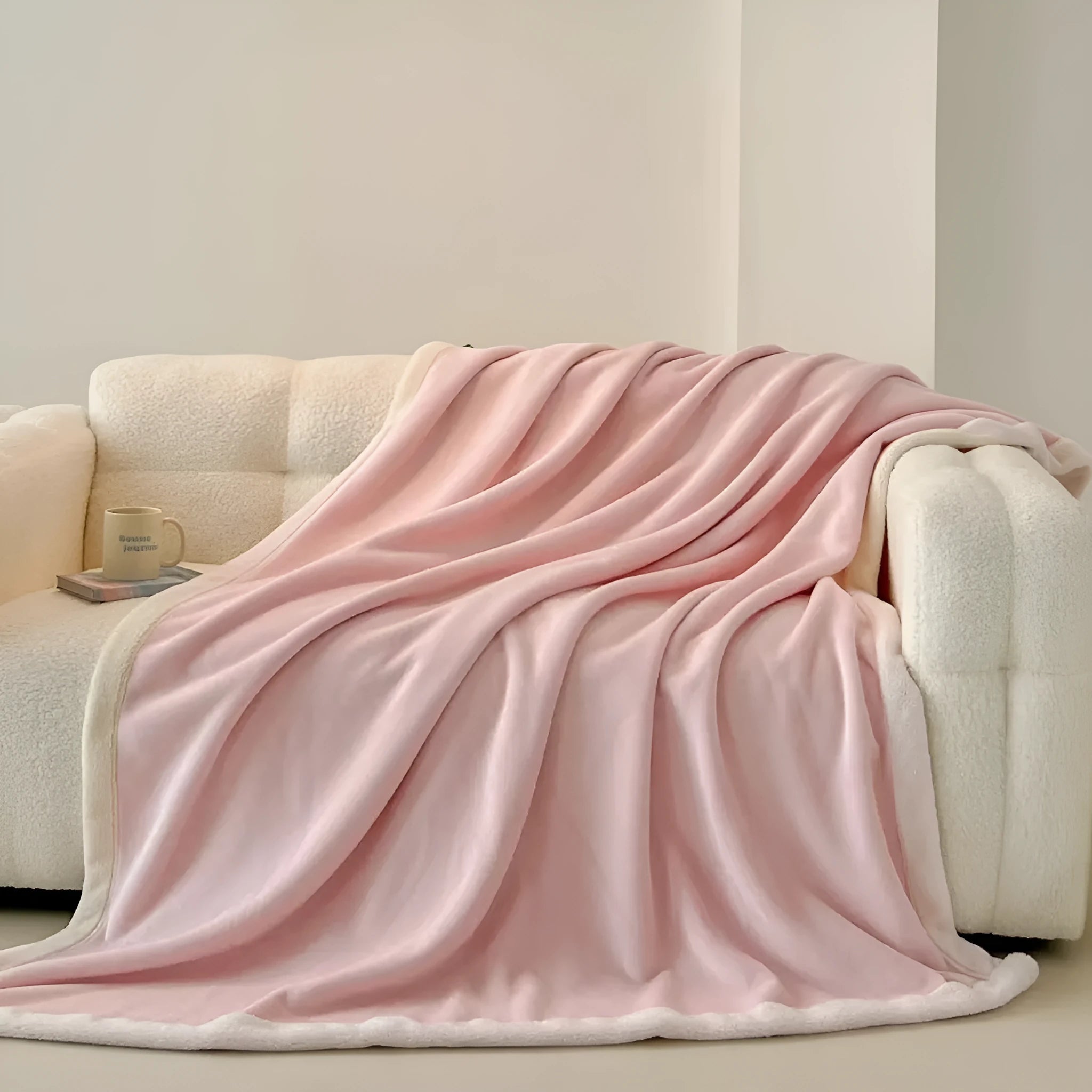 Soft flannel blanket in solid colour light luxury style, available in pink, green, peach orange, or lilac purple