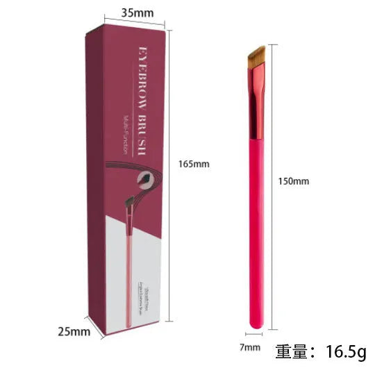 Angled eyebrow brush with square stamp head and brown synthetic bristles for makeup application