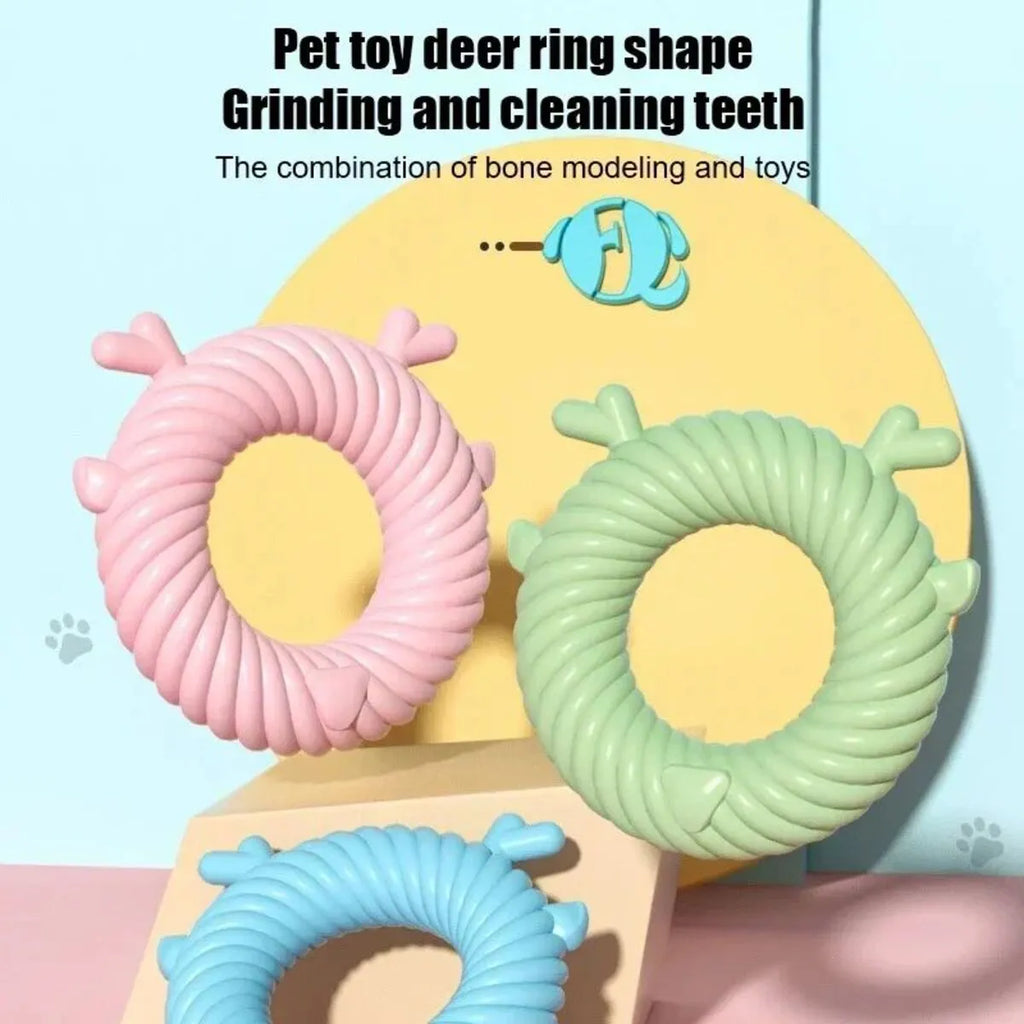 Deer-shaped dog teething toy with spiral groove pattern in light blue colour