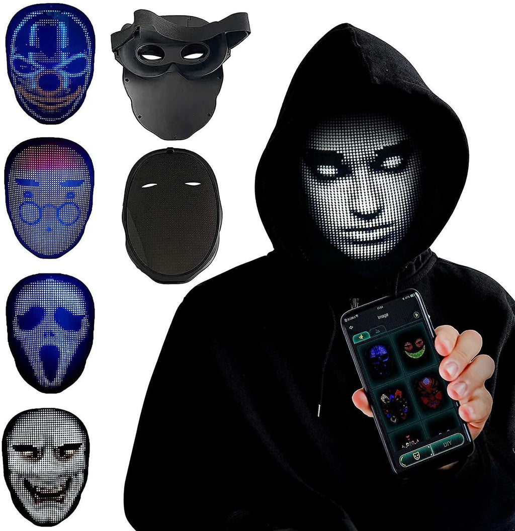 Avengers-themed electronic LED face mask with multi-colour changing lights on display.