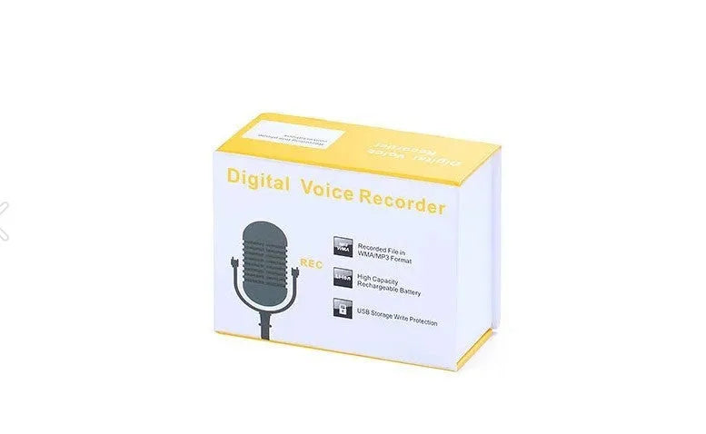 Mini portable voice recorder in black or gold colour with compact plastic construction and two-colour display