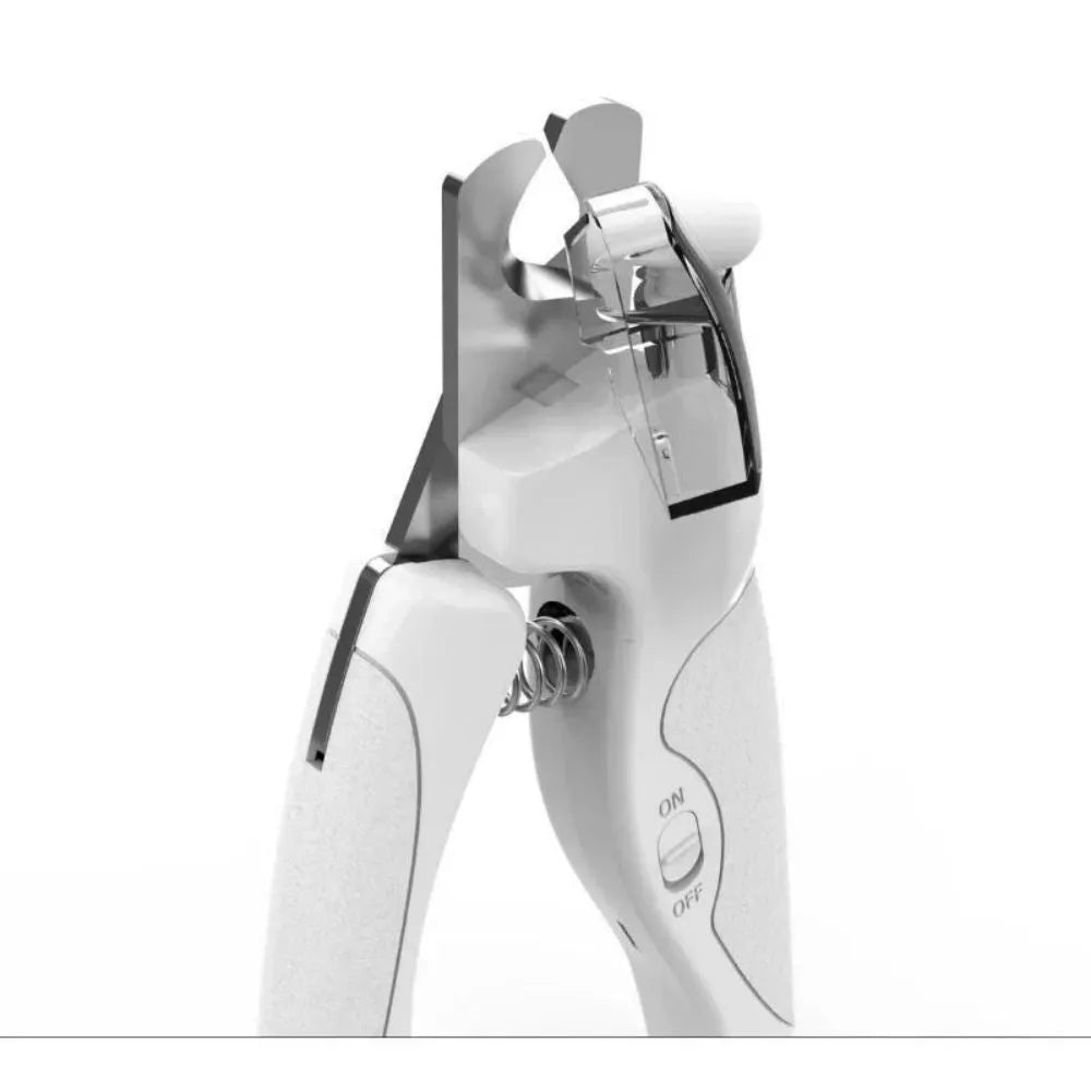 Rechargeable LED pet nail clippers with precision blades for dogs and cats, shown in blue or white