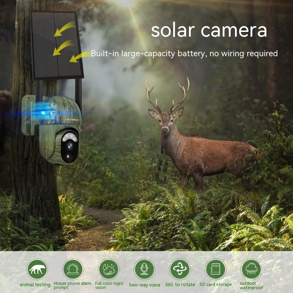 Camouflage 4G solar camera with 2K full colour lens, ABS body, and screw mount for outdoor use