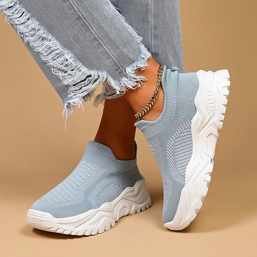 Light blue women's mesh slip-on shoes with round toe and mid heel