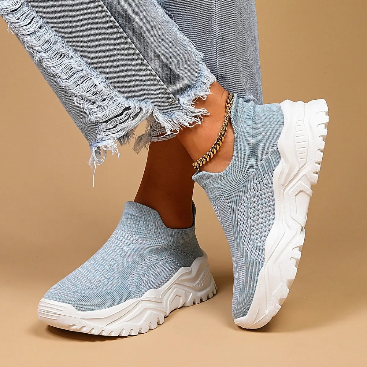 Light blue women's mesh slip-on shoes with round toe and mid heel
