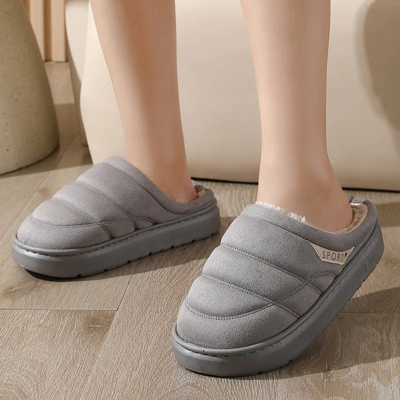 Plush indoor slippers with suede upper and EVA sole in grey, khaki, coffee, and camel