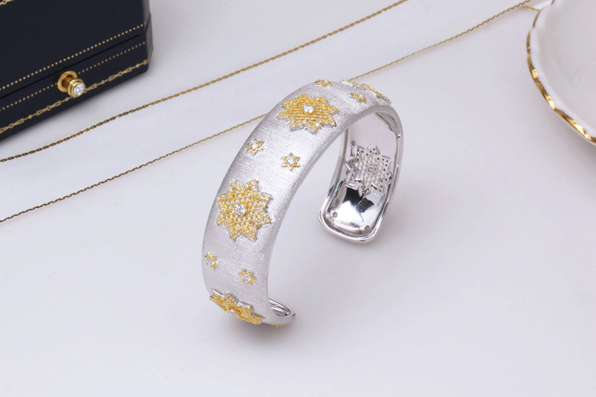 925 silver gold plated divided snowflake open cuff bracelet 18mm wide adjustable