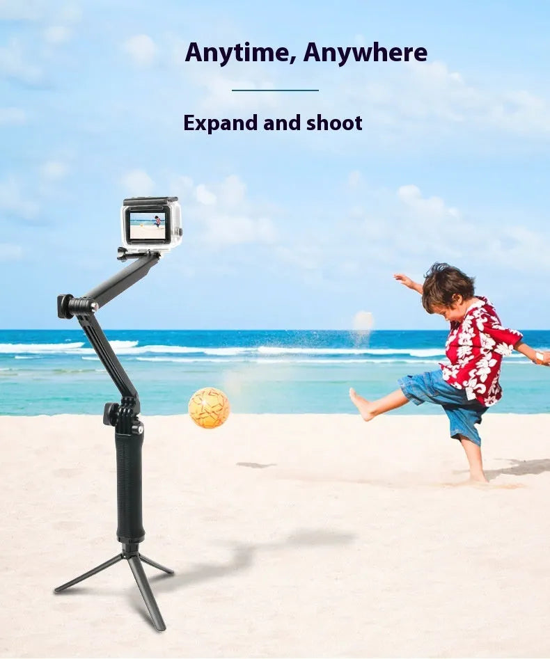 Black folding tripod bracket for GoPro Hero action cameras in collapsed position.