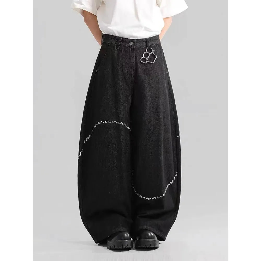 Black straight-leg casual trousers with micro-elastic waistband and zip fly opening