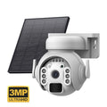 White solar security camera with solar panel and lens for outdoor wireless monitoring