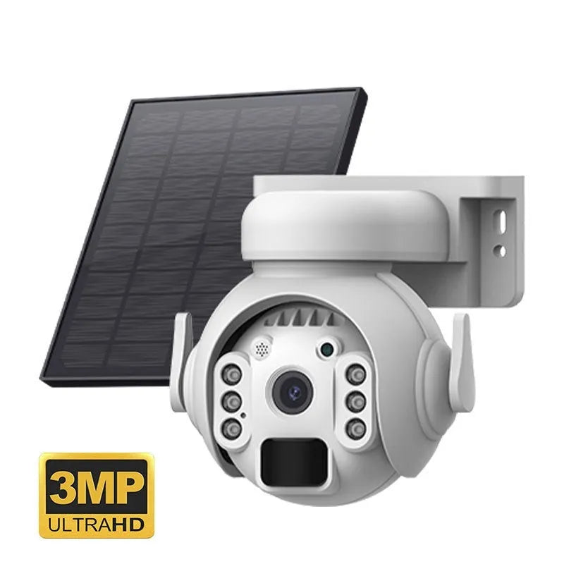 White solar security camera with solar panel and lens for outdoor wireless monitoring
