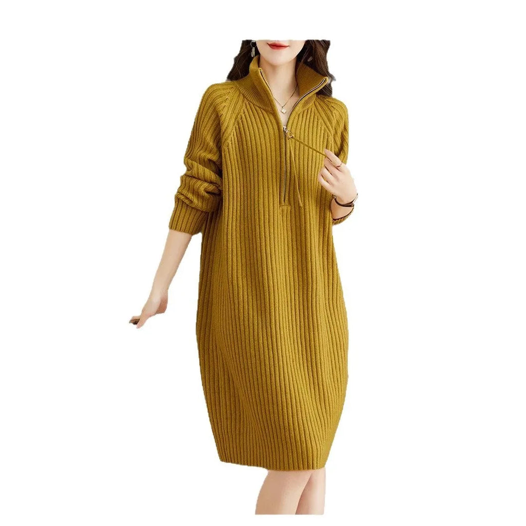 Beige casual skirt with half front zipper, stand collar, and long sleeves on a mannequin.