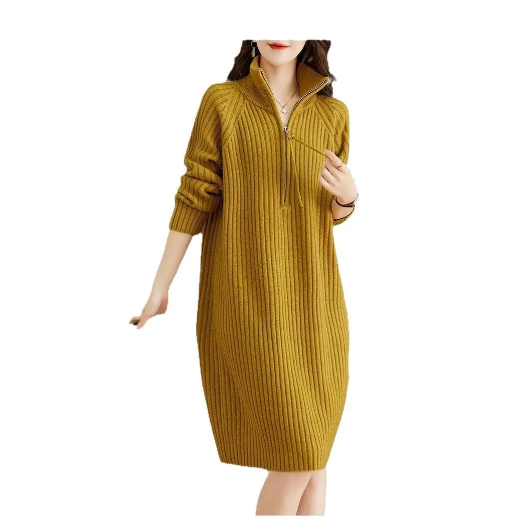Beige casual skirt with half front zipper, stand collar, and long sleeves on a mannequin.