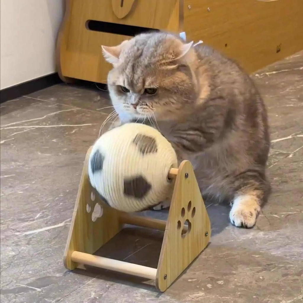 Vertical wooden cat scratch board with sisal rope surface in football style for claw grinding