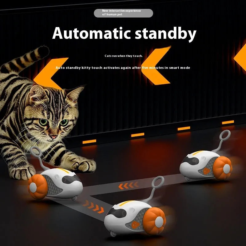 Blue and orange remote control cat teaser toy with feather attachments and USB charging cable