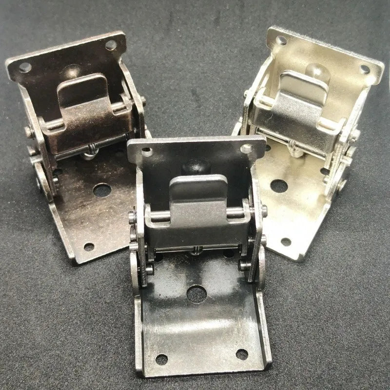 Adjustable 0-90 degree invisible self-locking furniture corner hinge in various electroplated finishes.