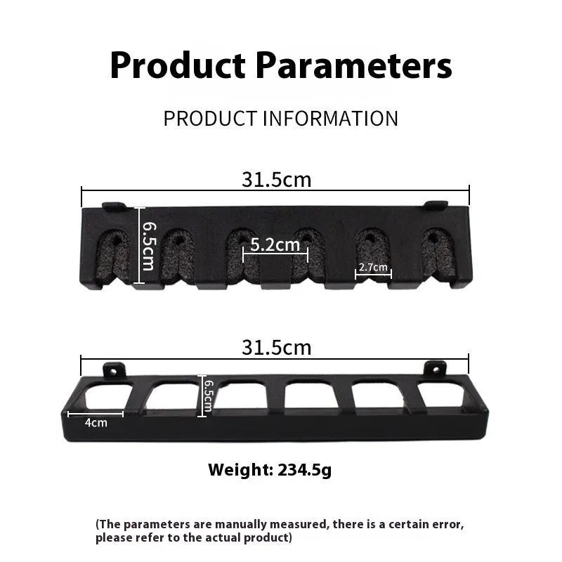 Black ABS plastic wall-mounted fishing rod holder in horizontal and upright display orientations