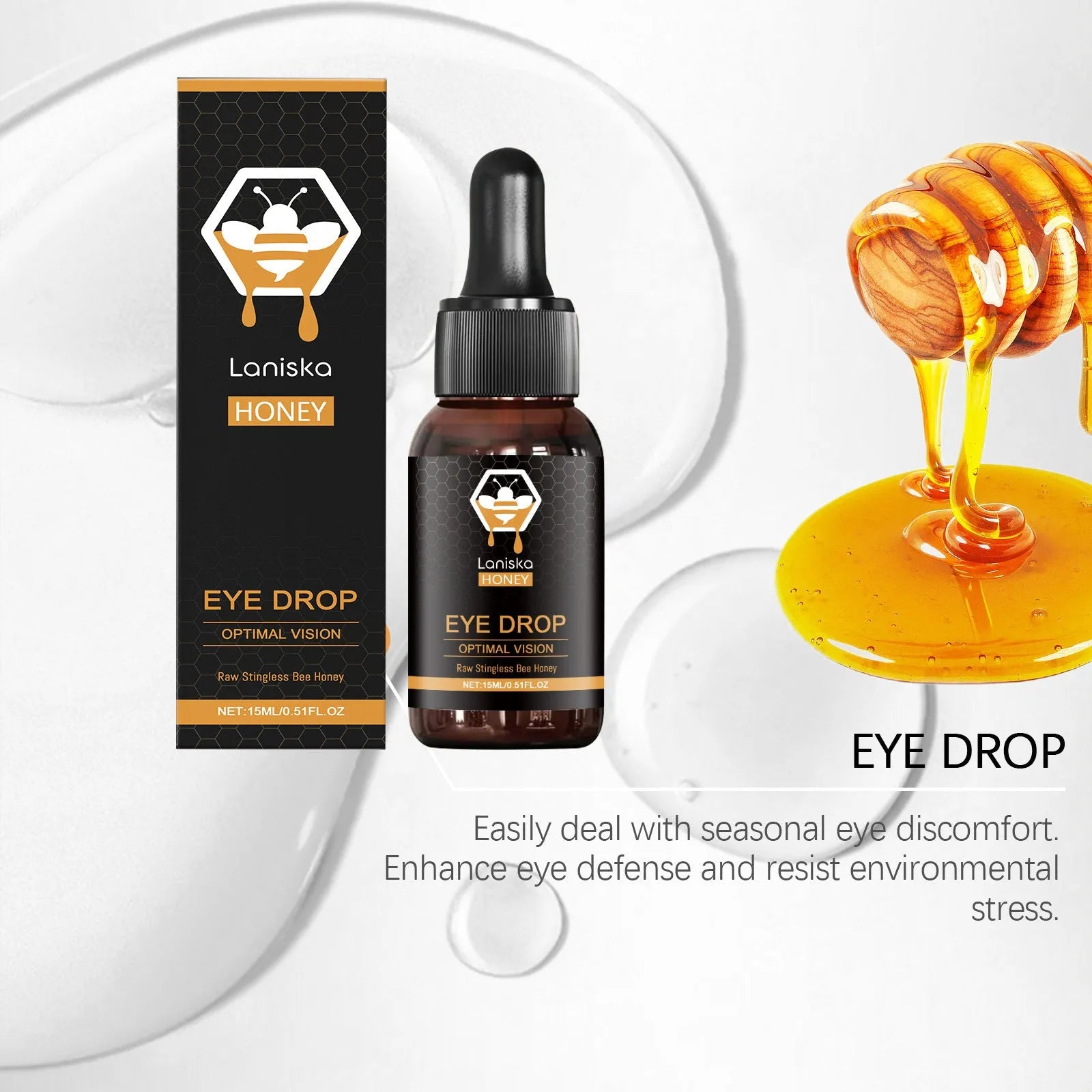 15ml bottle of honey-based artificial tear eye drops for dry tired eyes