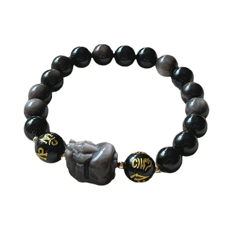 Men's silver stone bracelet featuring Chinese zodiac design, anniversary year motif and six-word proverbs bead