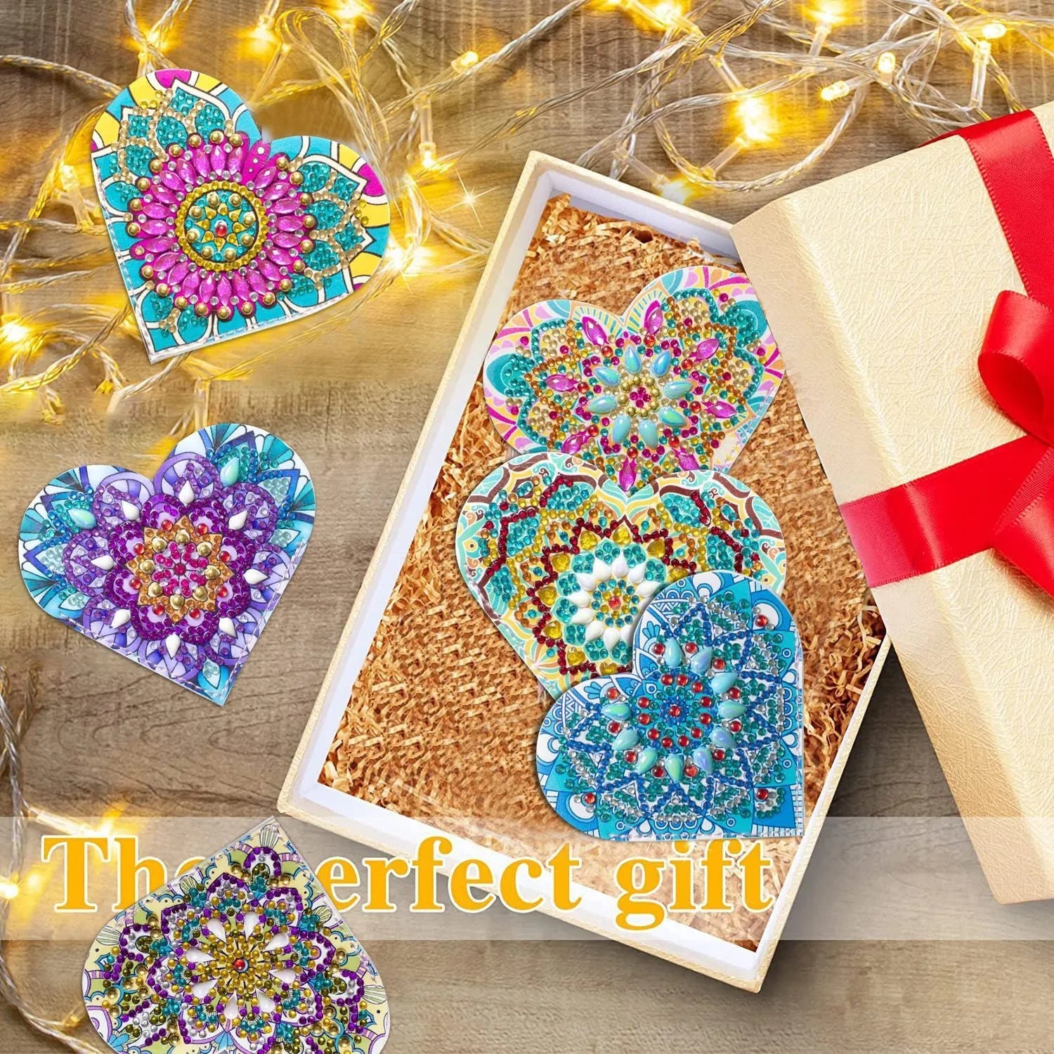 Set of six handmade PU leather bookmarks with crystal details and floral painting.