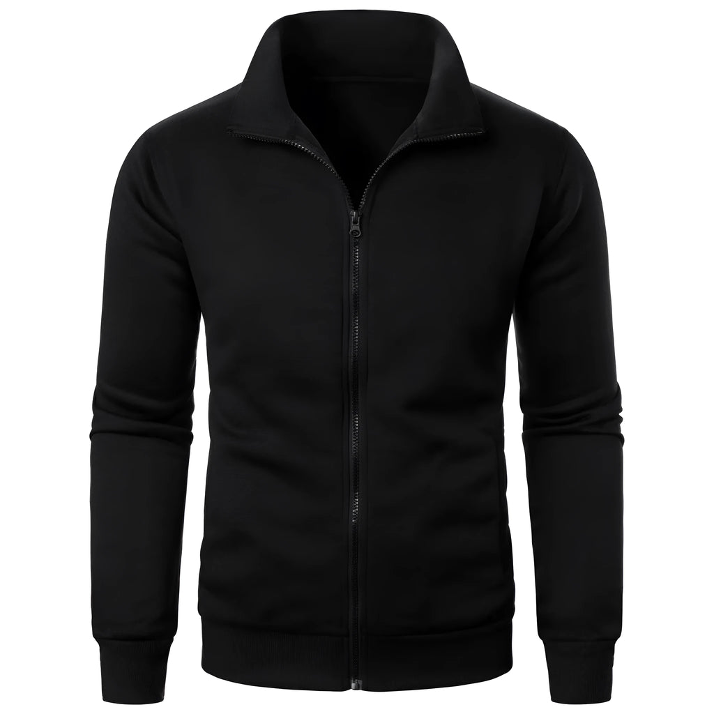 Men's black stand collar fleece-lined zipper cardigan with threaded cuffs, slim fit, long sleeves, winter sweatshirt style