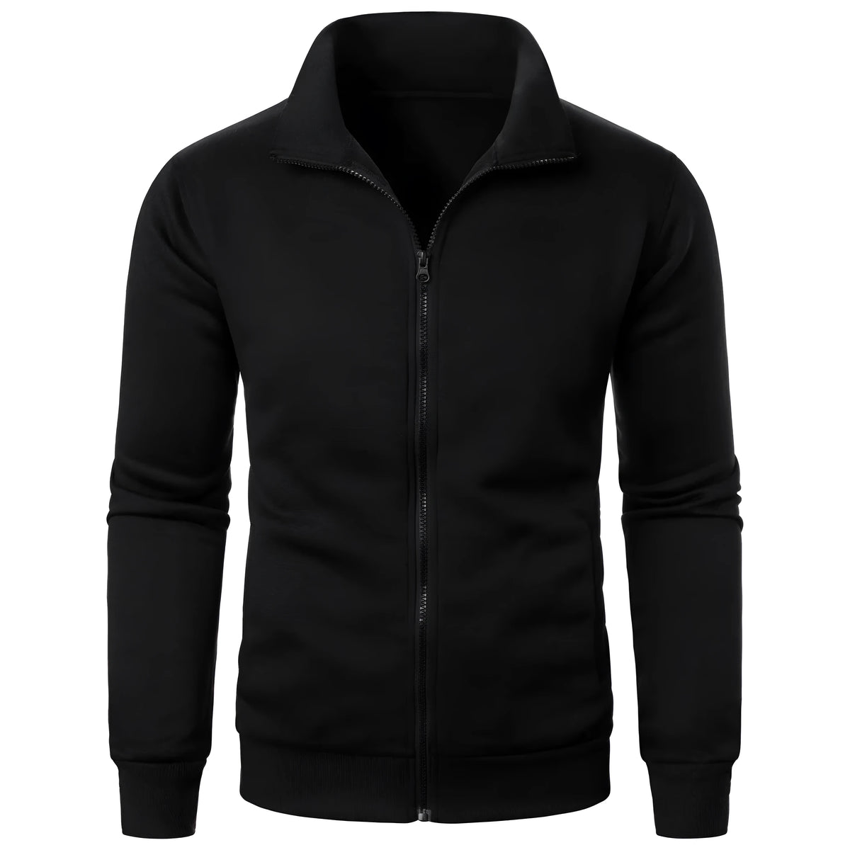 Men's black stand collar fleece-lined zipper cardigan with threaded cuffs, slim fit, long sleeves, winter sweatshirt style
