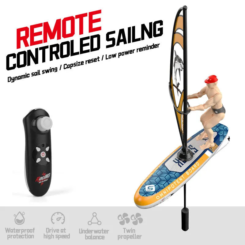 Blue high-speed electric remote control sailboat toy with plastic body on water surface