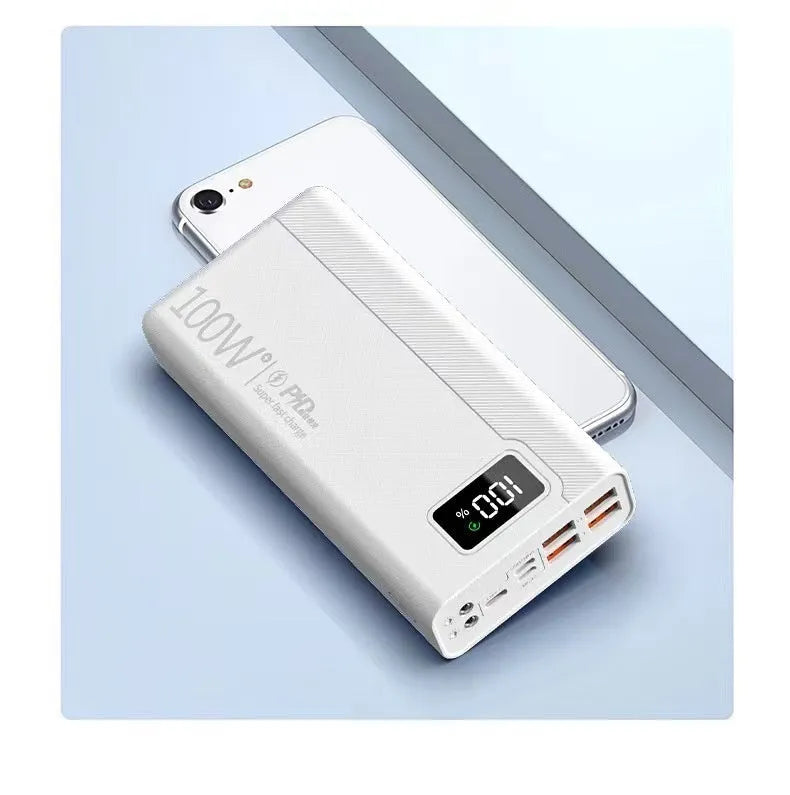 Black and white large capacity power bank with fast charging function showing dimensions
