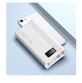 Black and white large capacity power bank with fast charging function showing dimensions