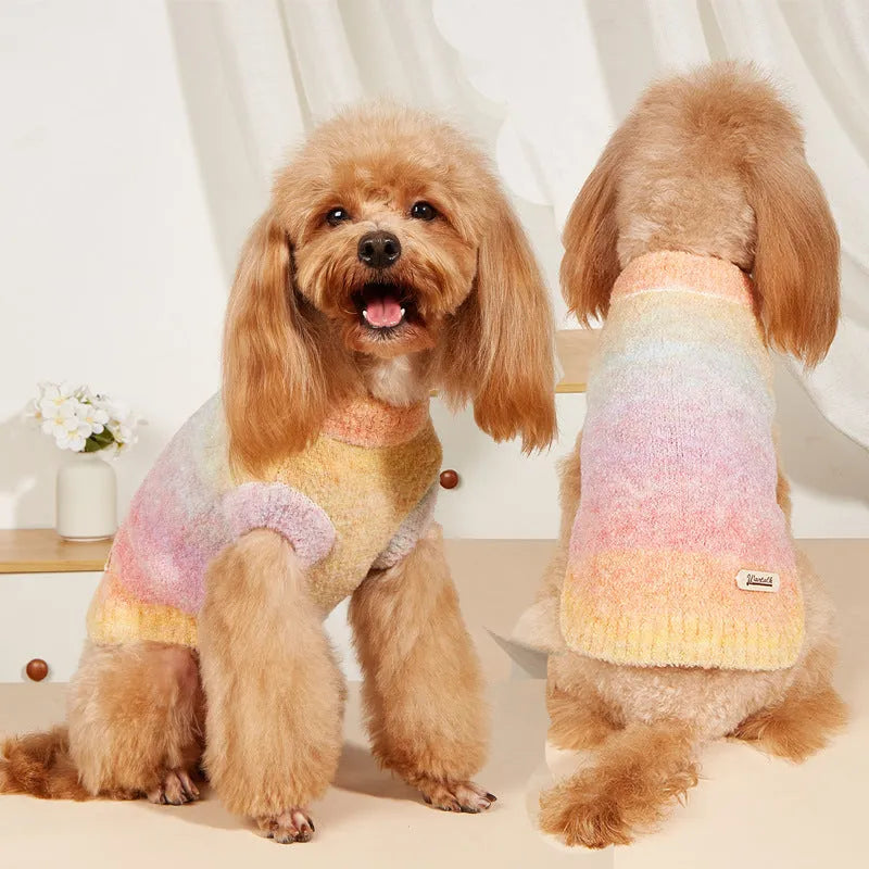 Colourful rainbow circle pattern pet sweater for dogs and cats in soft wool acrylic blend