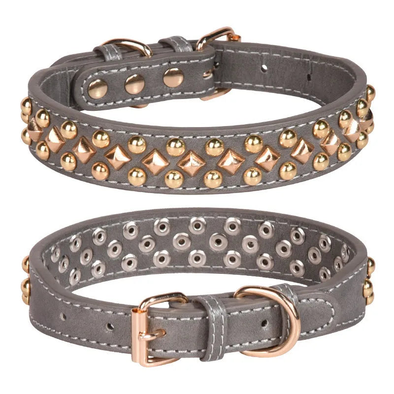 Rivet leather dog collar with golden rivet decoration in retro style, available in black brown grey green and red sizes XS to XL