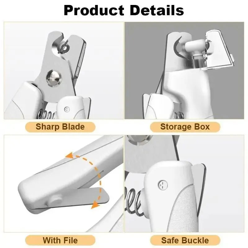 Rechargeable LED pet nail clippers with precision blades for dogs and cats, shown in blue or white