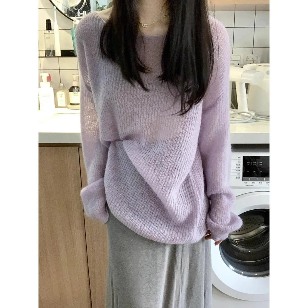Purple women's blouse with hollow out design and princess sleeves made from ice silk fabric
