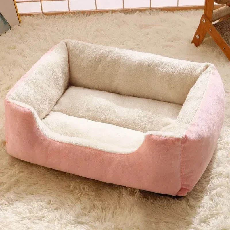Short plush cat bed cushion shown in multiple sizes and colour options including black, coffee, grey, green and pink