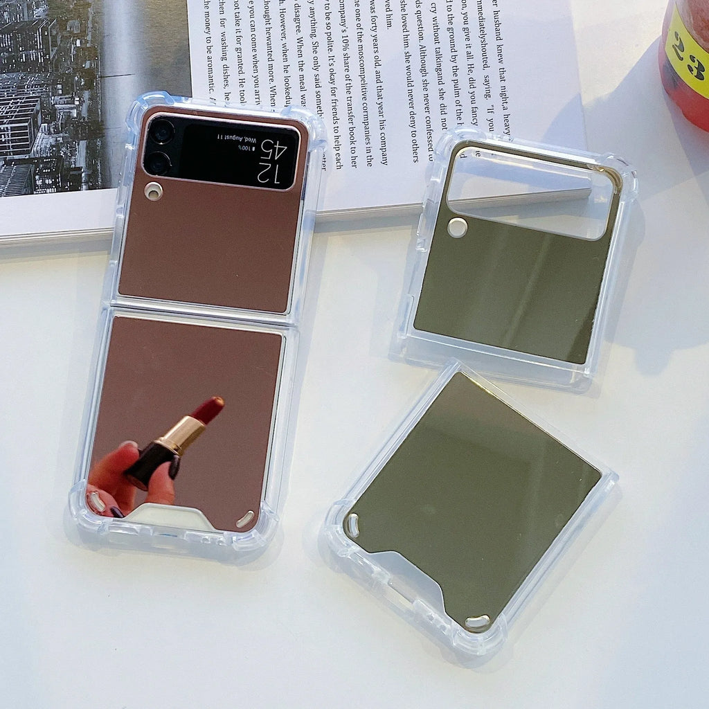 Soft acrylic mirror folding phone case for Samsung Z Flip3 Z Flip4 Z Flip5 in silver, gold, or rose gold