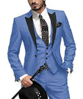 Men's three-piece slim fit wool serge suit in navy blue, shown as jacket, trousers, and waistcoat on a model