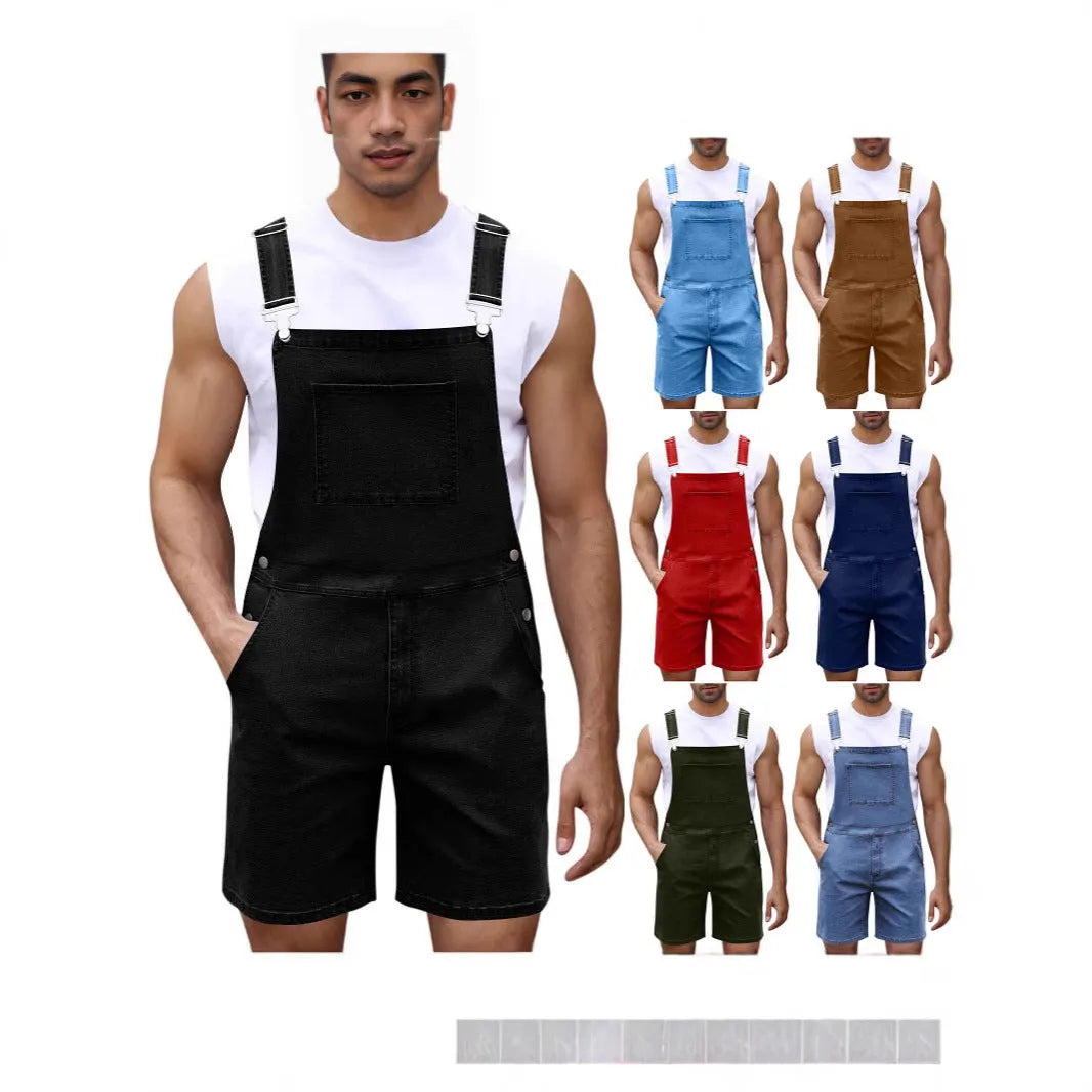 Men's straight-leg cotton denim shorts with zip fly, shown in dark blue, light blue, and black.