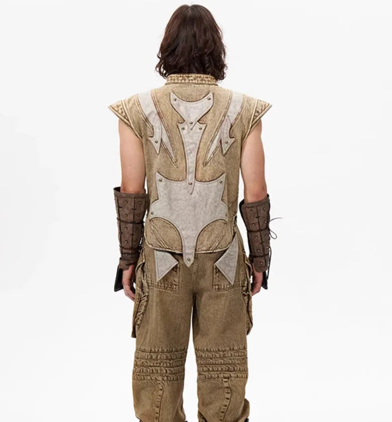 Men's Korean style denim vest with pleated detailing in picture colour