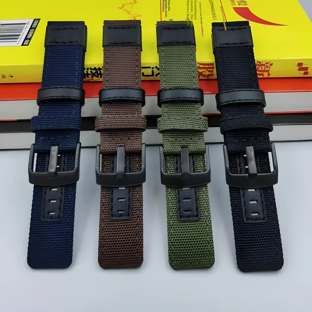 Oxford cloth watch strap shown in camouflage colour with pin buckle, demonstrating 20mm, 22mm, and 24mm width options.