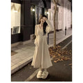 Women's V-neck polyester knitted dress with princess sleeves and long suspender skirt in art retro style