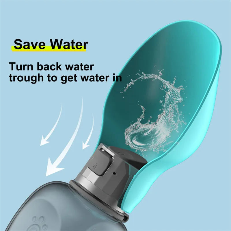 Blue grey portable dog water bottle with foldable drinking bowl showing 800ml capacity